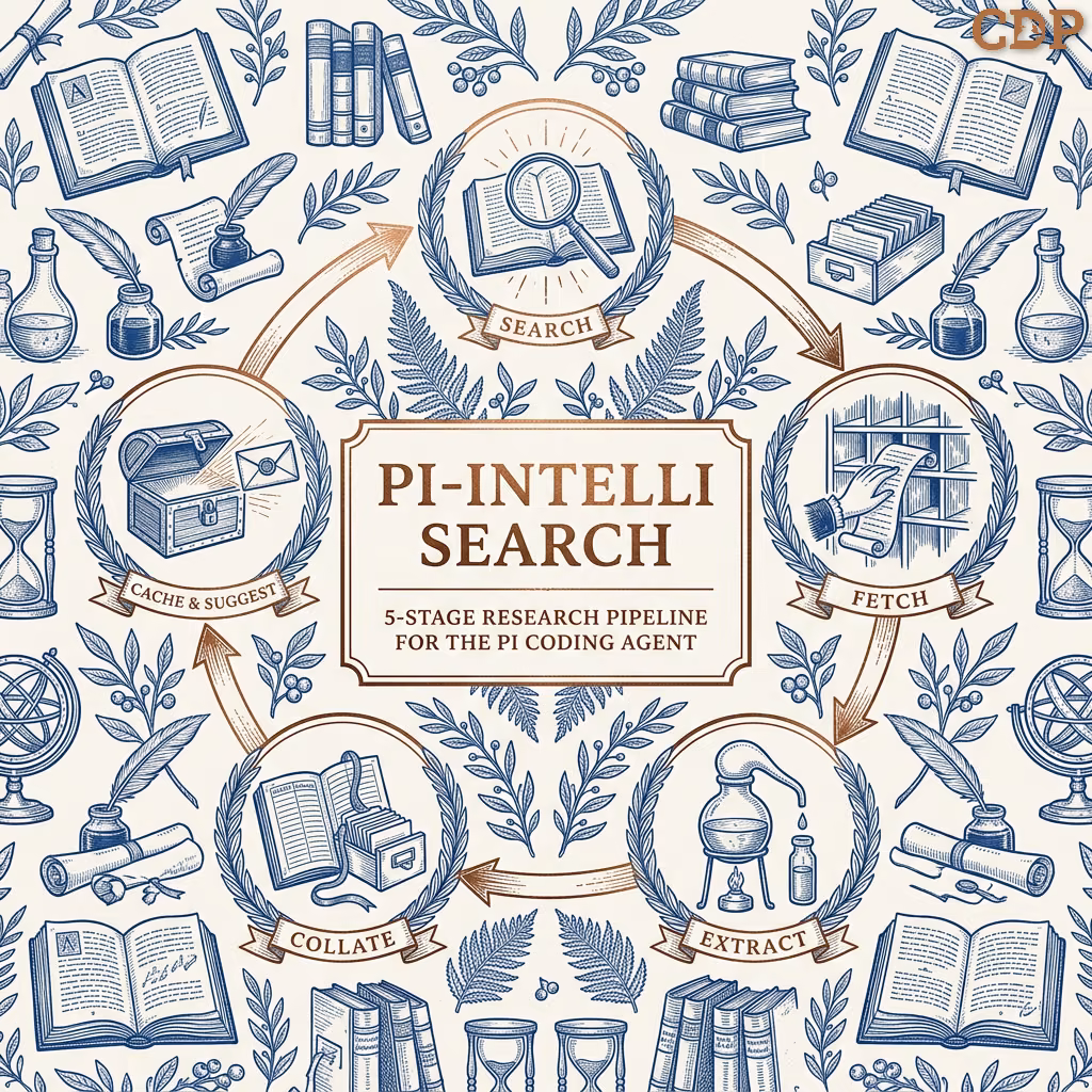 Five engraved medallions circling a title panel: Search, Fetch, Extract, Collate and Cache and Suggest, linked by copper arrows.