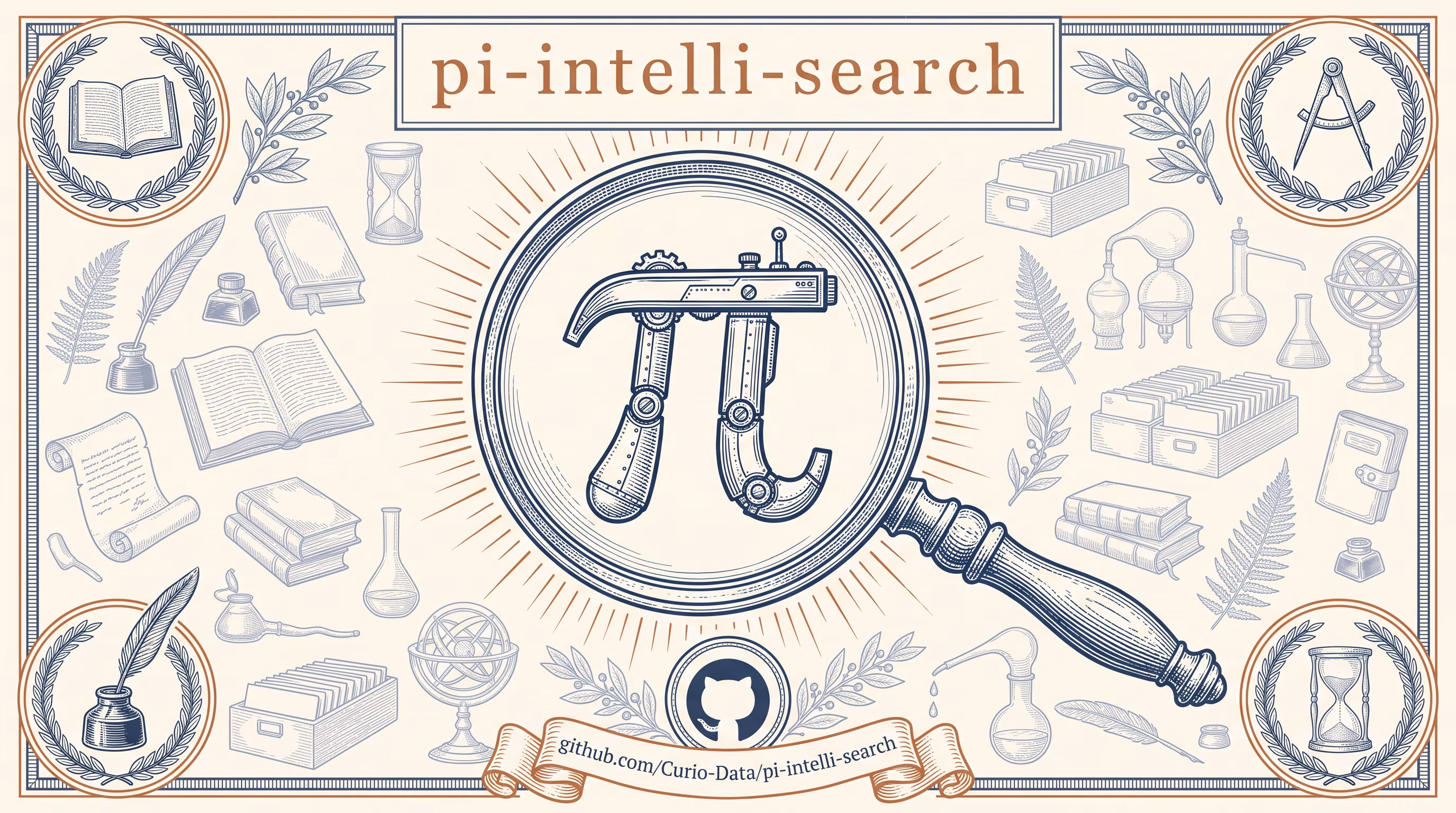 Engraved magnifying glass reveals a riveted mechanical Pi symbol, ringed by books, quills, hourglasses and retorts; title pi-intelli-search.
