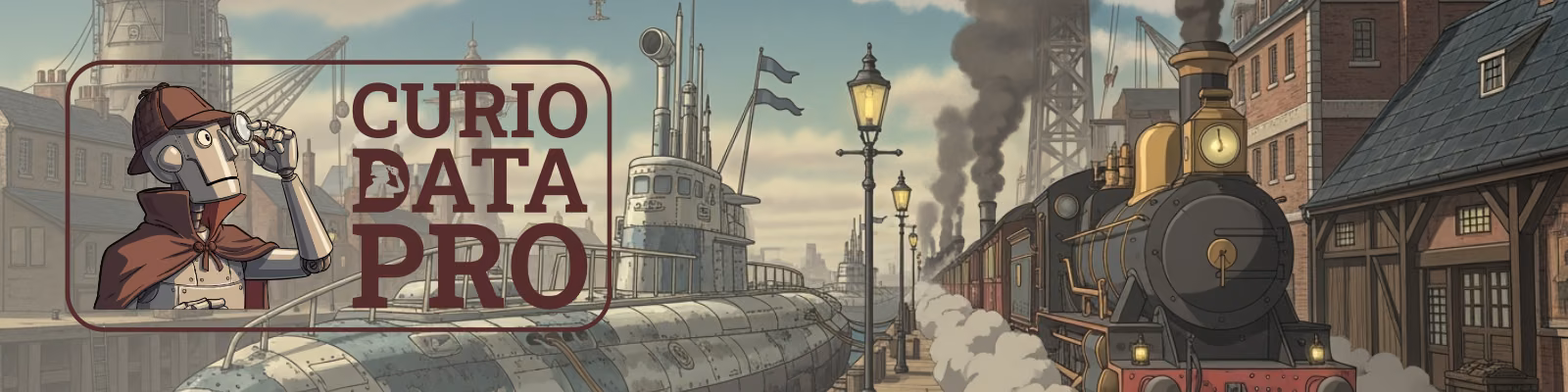 Robot detective in a deerstalker raises a magnifying glass beside the Curio Data Pro logo, over a steampunk harbour with a submarine and locomotive.
